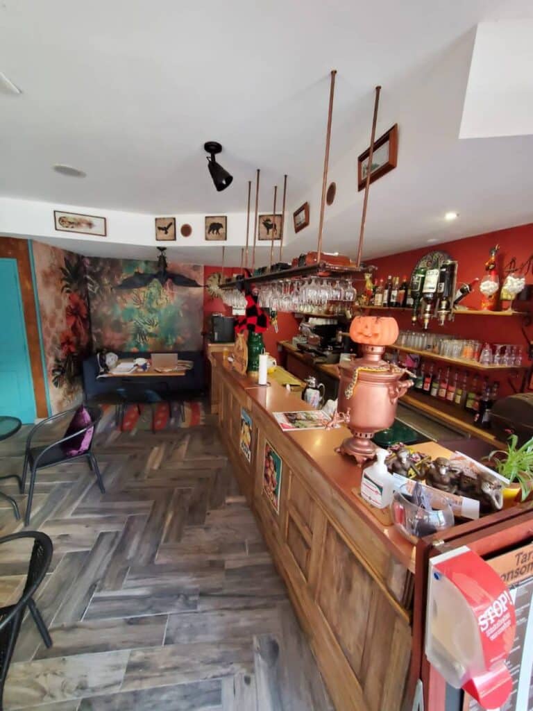 Café-bar original : ambiance chaleureuse, comptoir cuivre et déco Bar-café coloré avec comptoir en cuivre, samovar, décor animalier et mur rouge. Zone lounge tropicale, sol chevron. "STOP! Distanciation sociale".