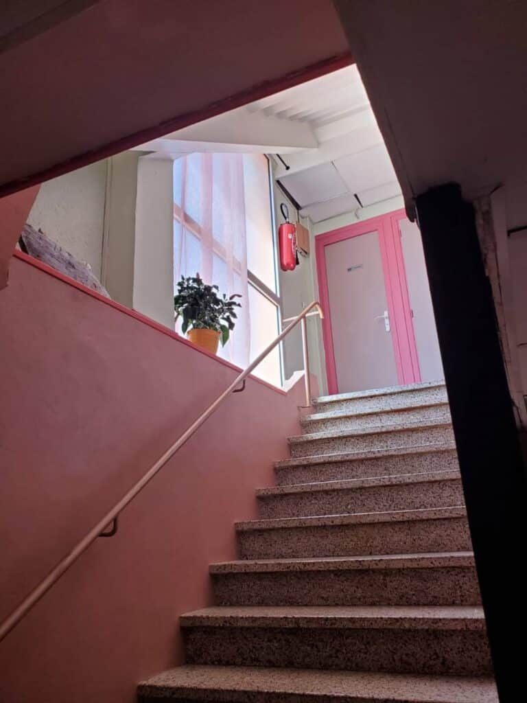 Escalier intérieur moderne : rose, granito, lumière naturelle Escalier en granito rose montant vers une porte rose vif (panneau WC) et un extincteur. Lumière naturelle, plante verte sur rebord de fenêtre.
